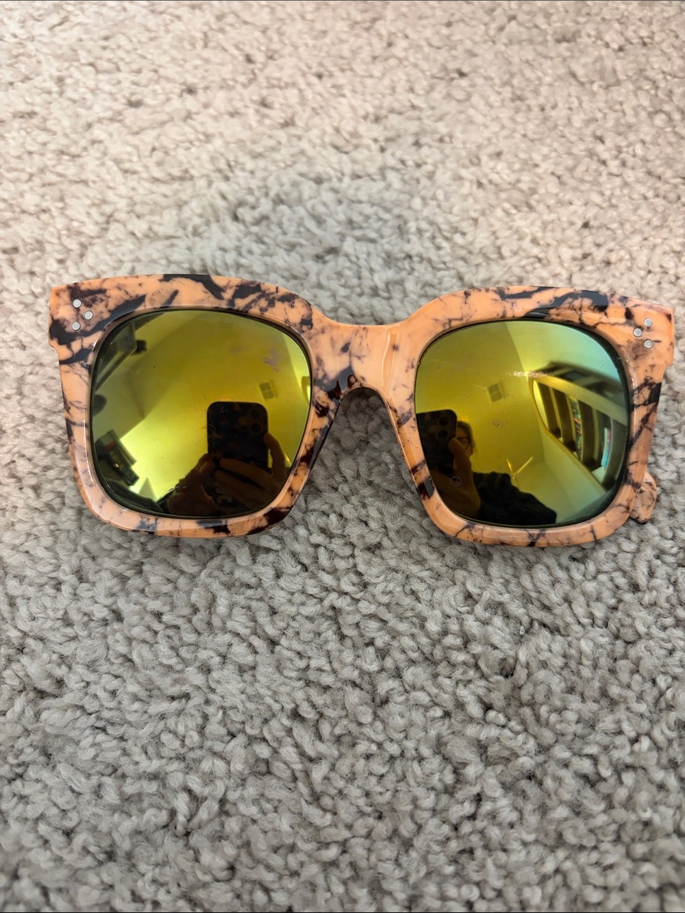 Bold Marble-Pattern Square Sunglasses in Peach with Green Mirrored Lenses